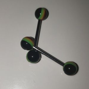 14g Barbell 16mm, stainless steel post acrylic balls. Red,yellow,green & black.